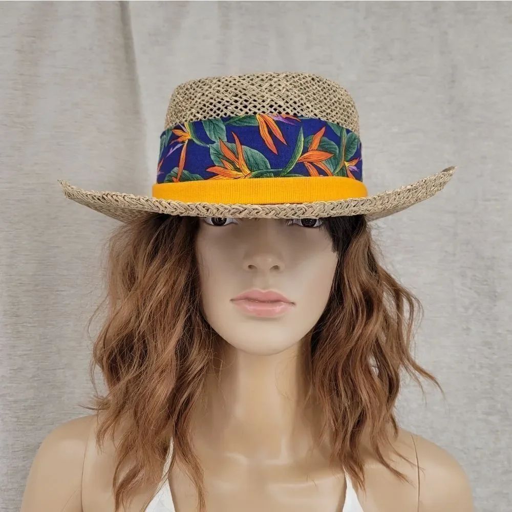 Hatlanta Vintage Straw Raffia Sun Hat Wide Brim Tropical Floral Band